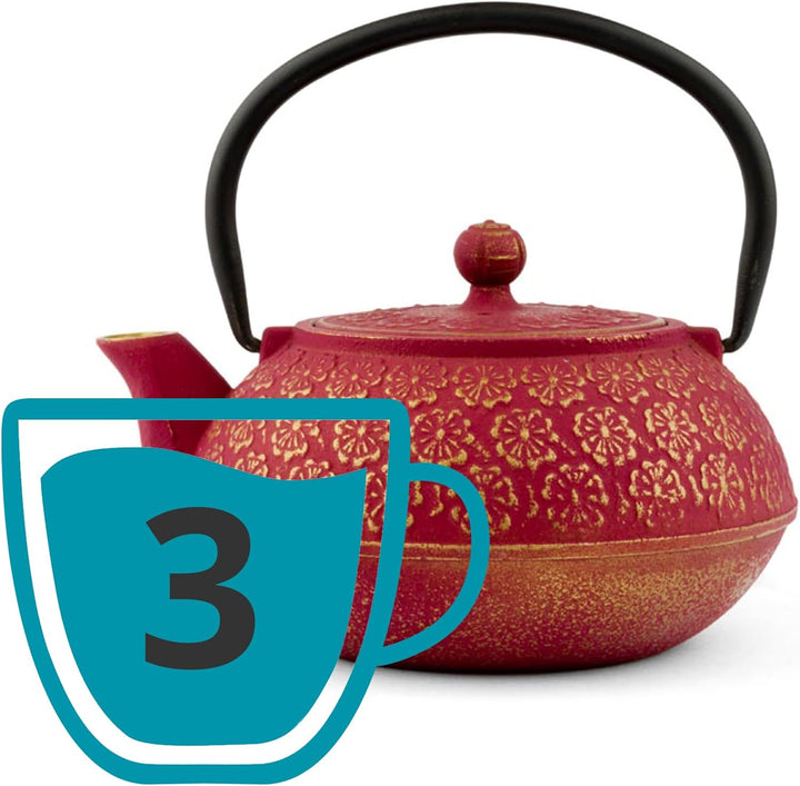 Bredemeijer rotes asiatisches gusseisernes Teekannen Set 0.6 Liter mit 2 Tassen