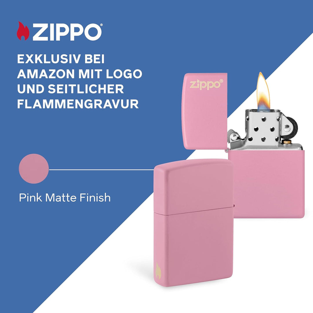 ZIPPO - Pink Matte mit Logo - nachfüllbares Sturmfeuerzeug in hochwertiger Geschenkbox (Flammenmotiv