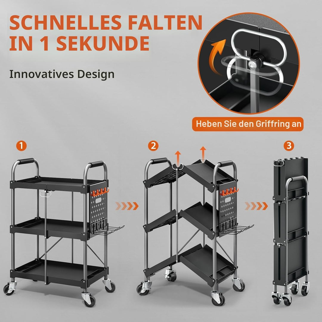 KINGRACK 3-Ebenen servierwagen klappbar mit Rollen ergonomischem Griff, klappbar Allzweck-Dienstwage