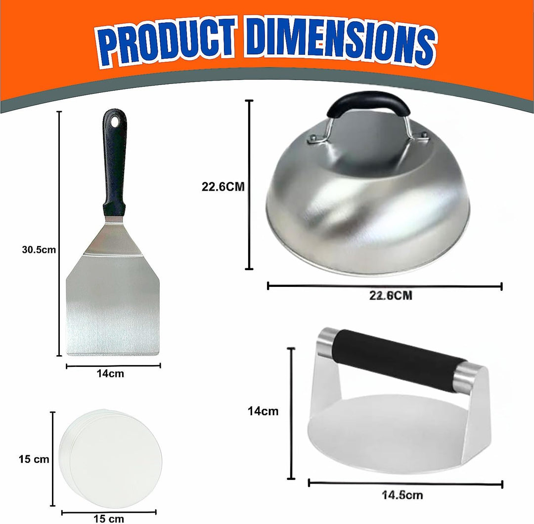 Burgerpress-Set mit Burgerzerkleinerer, 30,5 cm Smash-Burger-Spatel, 22,9 cm Käse-Schmelzkuppel und