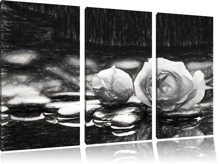 Pixxprint Rosen aus Zen-Steinen Kohle Effekt 3-Teiler Leinwandbild 120x80 Bild auf Leinwand