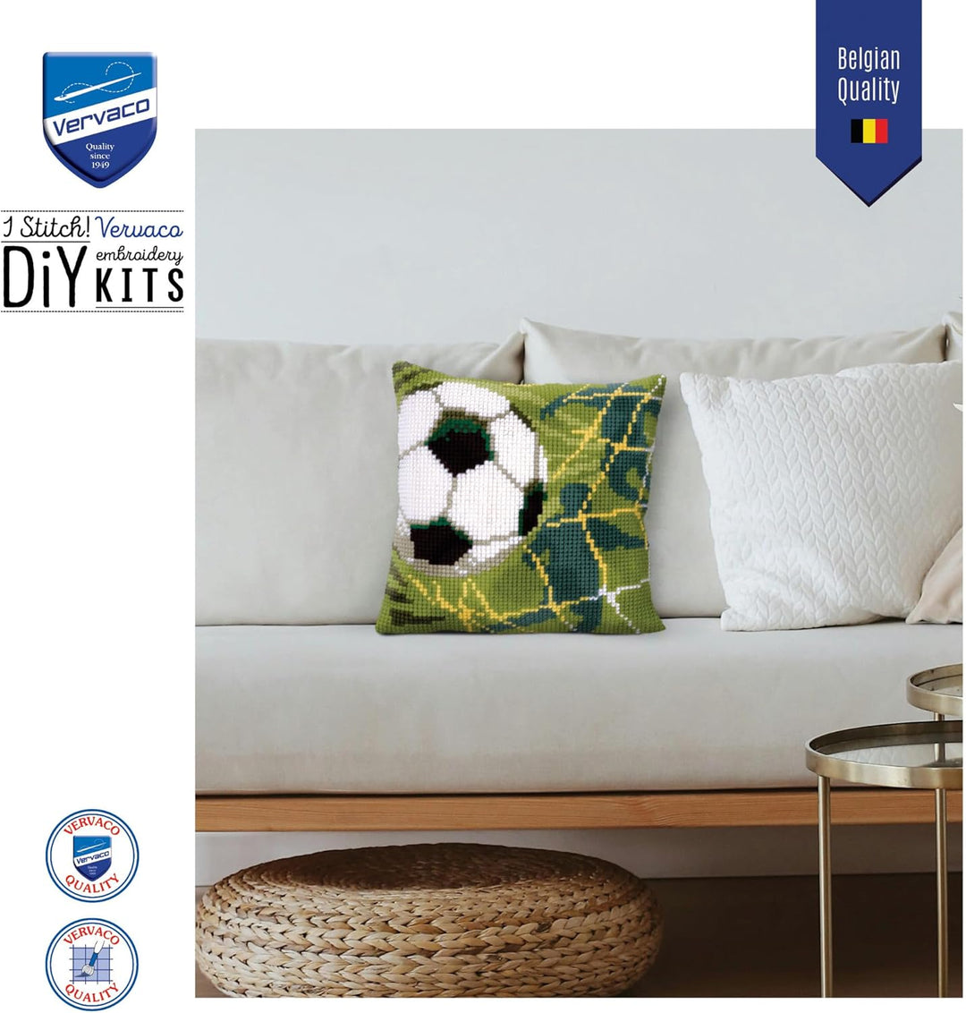 Vervaco Fussball Kreuzstichkissen/Stickkissen vorgedruckt, Baumwolle, Mehrfarbig, 40 x 40 x 0.3 cm