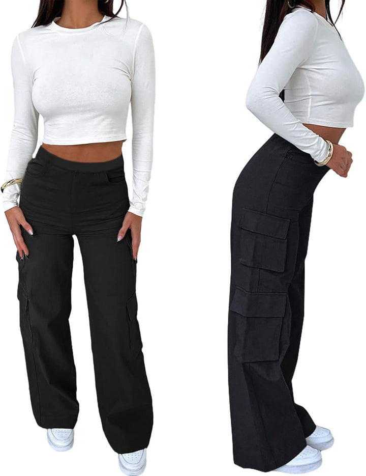 Nuofengkudu Cargohose Damen Weite Hosen Stretch High Waist Cargo Taschen Bootcut Schlaghose Damenhos