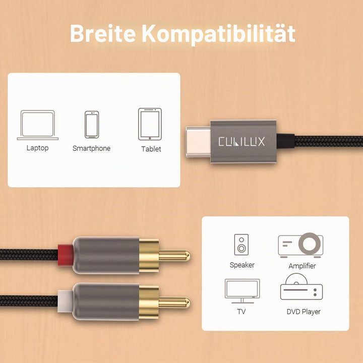 Cubilux USB C auf 2x Cinch (RCA) Stereo Audiokabel, Type C auf RCA AUX mit Hi-Res DAC bis 192 kHz /