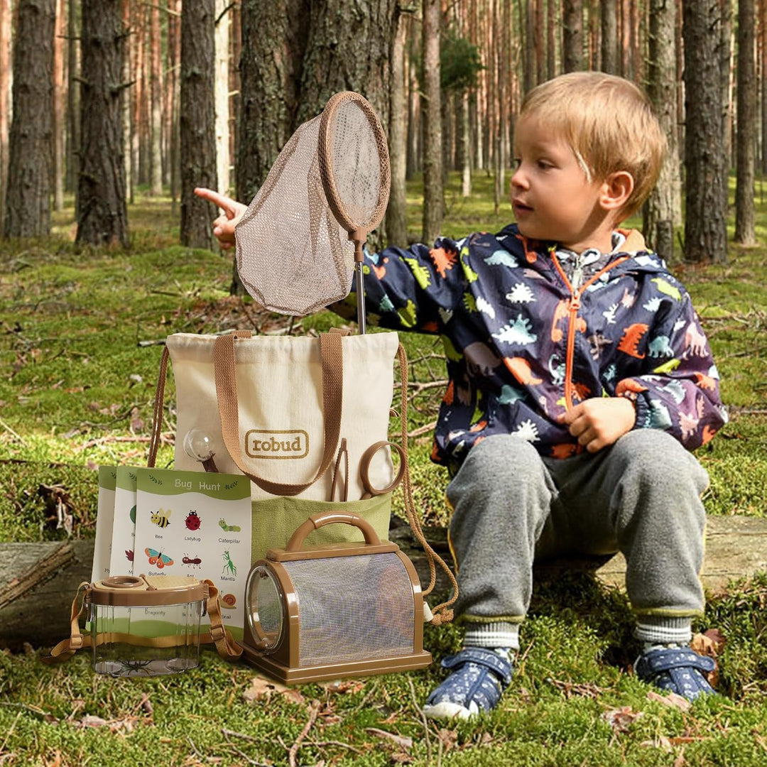 ROBUD Forscherset für Kinder, Entdecker Set mit Insektenfänger, Lupe, Insektenbeobachter, Schmetterl