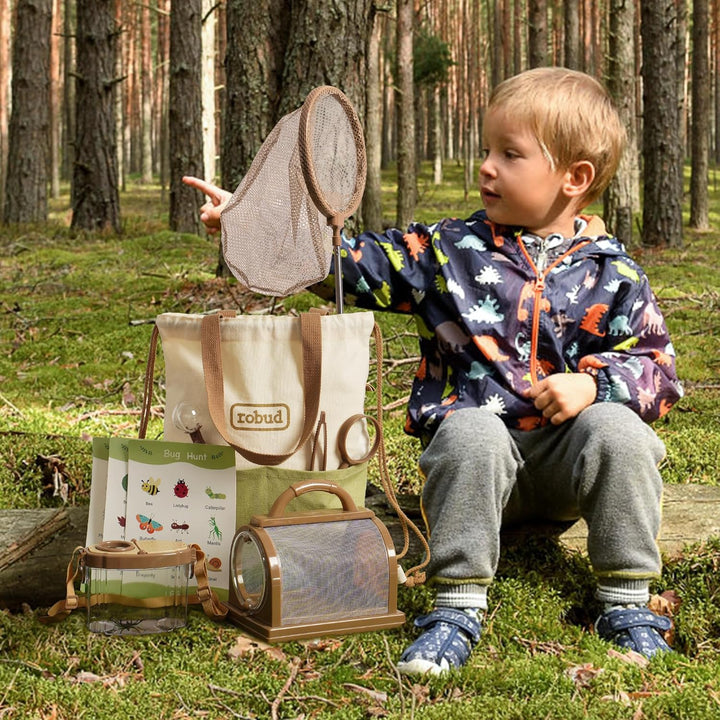 ROBUD Forscherset für Kinder, Entdecker Set mit Insektenfänger, Lupe, Insektenbeobachter, Schmetterl