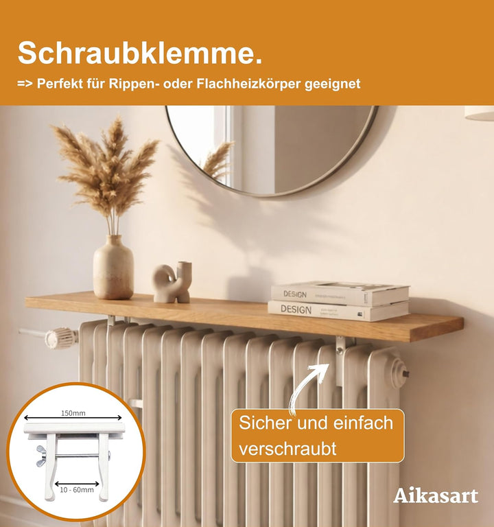 Heizungsregal Eiche Massiv – Ohne Bohren – Individuelle Länge 30-190 cm – Zum Aufstecken – Handgefer