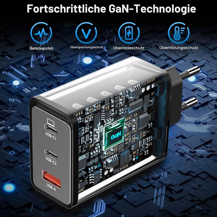 USB C Ladegerät 65W, 3-Port【2 USB C+1 USB A】USB-C Netzteil PPS Schnellladegerät PD+QC Charger kompat