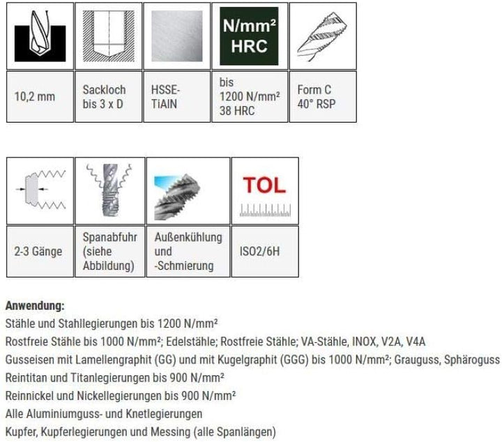 Baer Maschinengewindebohrer M12 Gewindebohrer HSSE TiAIN Form D 40° RSP - Gewindeschneider M 12 x 1,