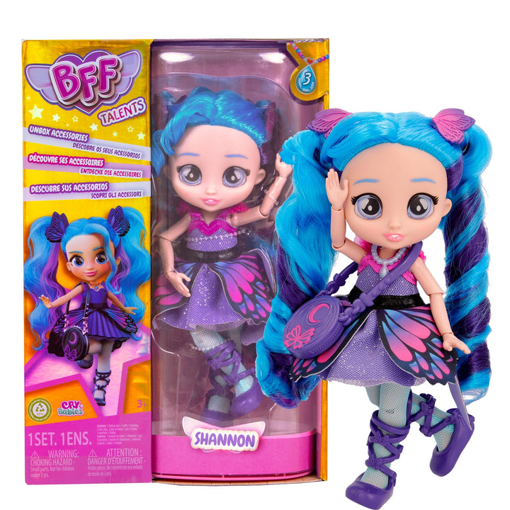 BFF by Cry Babies Shannon – Modepuppe zum Sammeln mit Langen Haaren, Stoffkleidung und 9 Accessoires