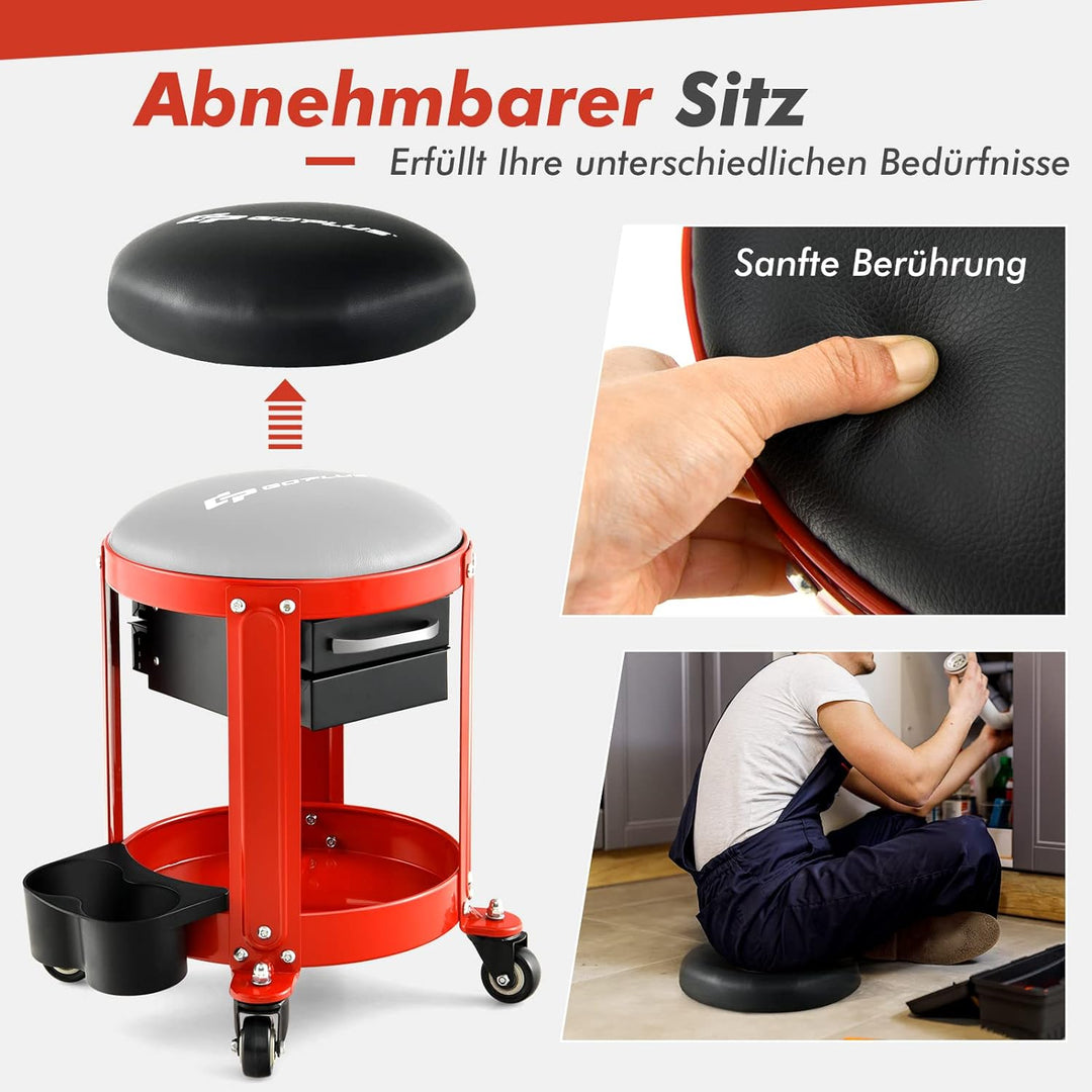 COSTWAY Werkstatthocker, 150 kg belastbar, Werkstattsitz mit 2 Schubladen & Dosenhaltern & Ablage &
