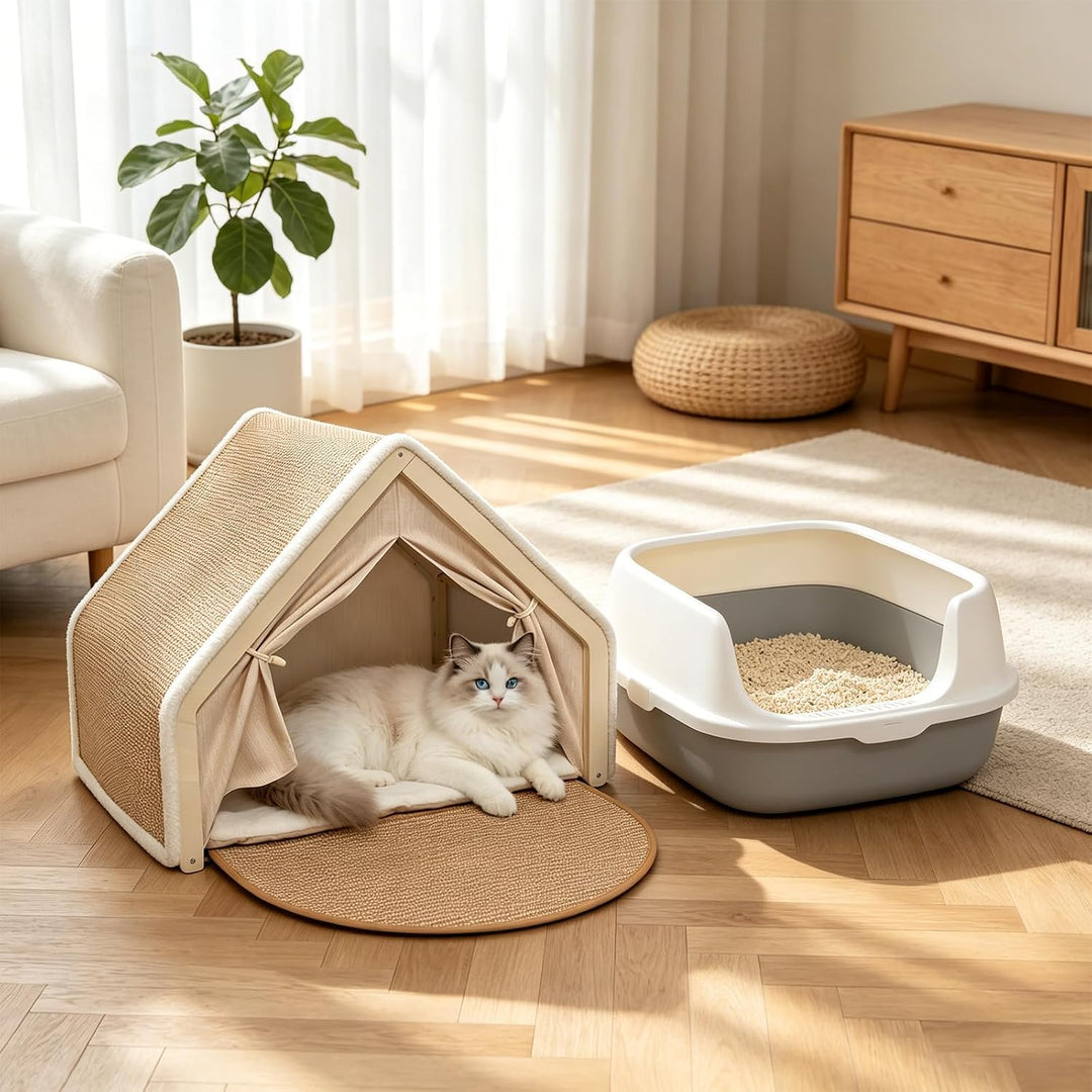 Sisal &amp; Holz Katzenhöhle Katzenhaus Indoor mit Oben Kratzbrett Katze(Beige) | Katzenbett, Abnehmbare