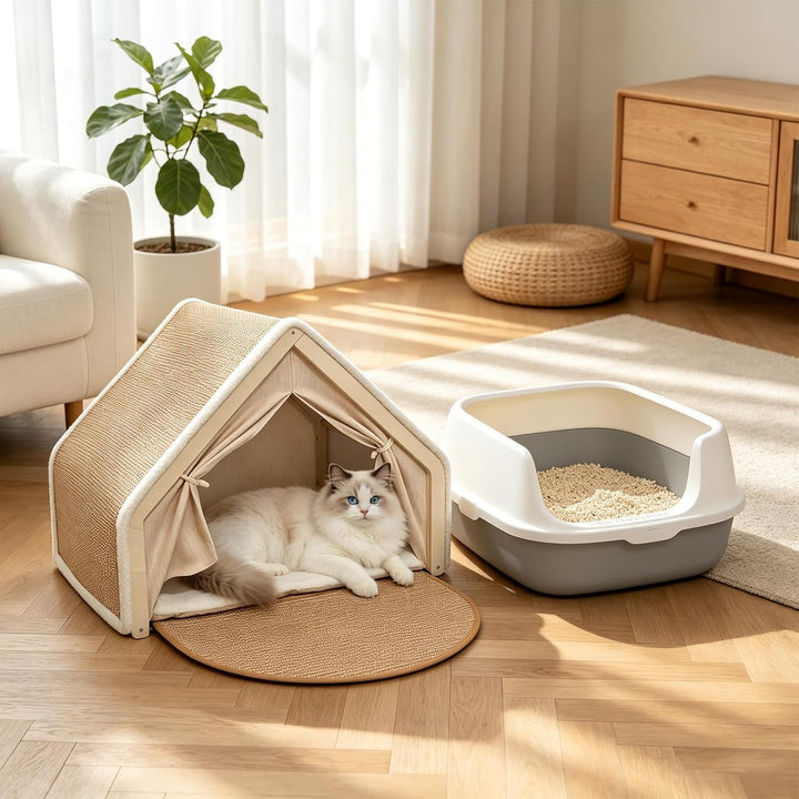 Sisal &amp; Holz Katzenhöhle Katzenhaus Indoor mit Oben Kratzbrett Katze(Beige) | Katzenbett, Abnehmbare