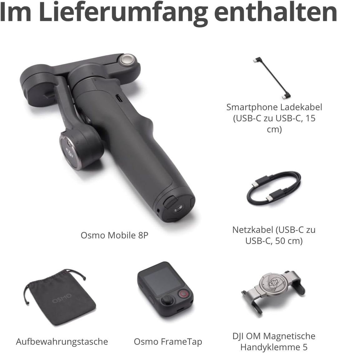 DJI Osmo Mobile 8P Vlog Combo mit Mic Mini 2 (1 TX+1 Mobile RX+Ladeschale), 360°-Schwenk Smartphone