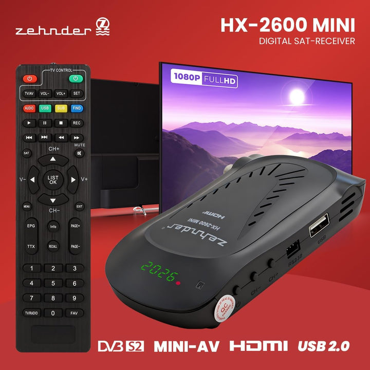 ZEHNDER HX 2600 Mini - Full HD DVB-S2 Receiver I externer IR Sensor mit LED Display I 2 in 1 Fernbed