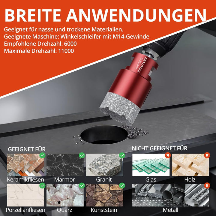 GETLITOOL 11tlg Diamant Fliesenbohrer Set 6-110mm, Diamant Lochsägeset mit Fingerfräser Fasenbohrer