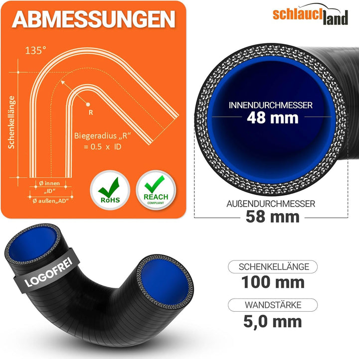 2 Stück | Silikonbogen 135° Grad ID-Ø 48mm blau 200°C | VIELE GRÖSSEN & FARBEN | Silikon-Schlauch La