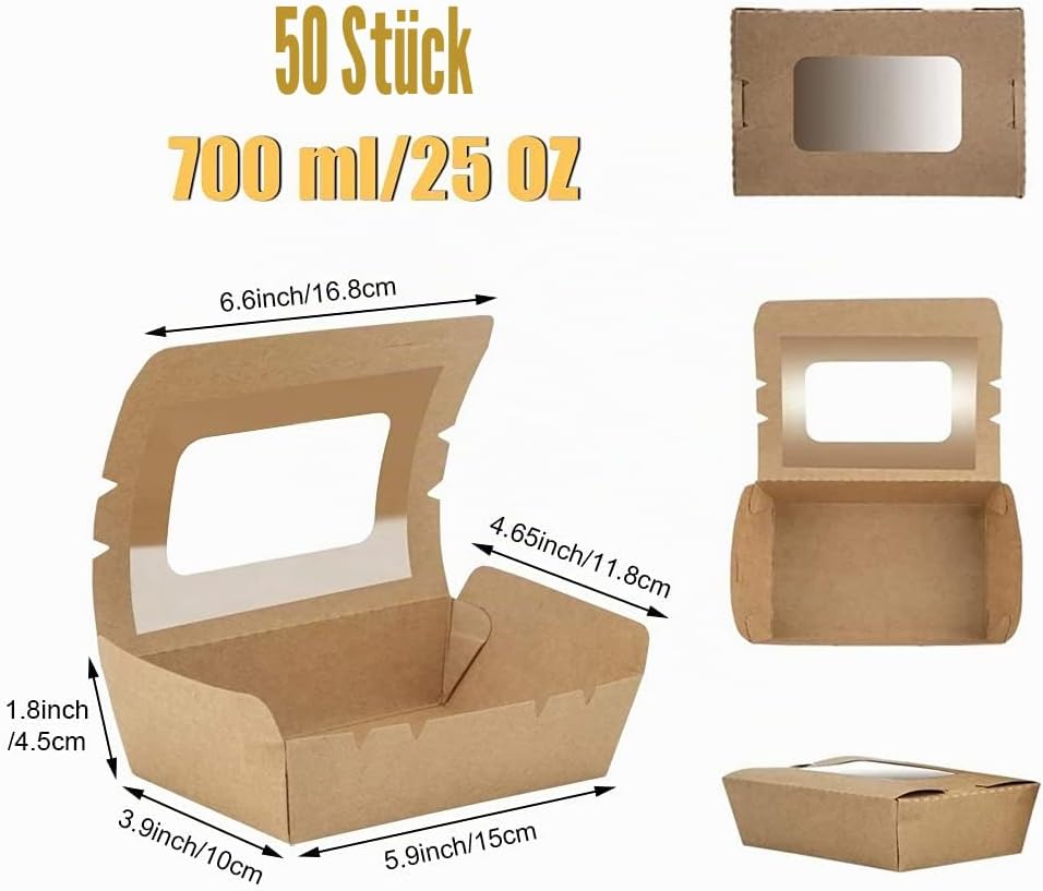 50 Stücke Kraftpapier Lunchbox 700ml/24oz, Kraftkarton Snackboxen, Take Away Box, mit Fenster, Öl un