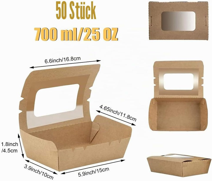 50 Stücke Kraftpapier Lunchbox 700ml/24oz, Kraftkarton Snackboxen, Take Away Box, mit Fenster, Öl un