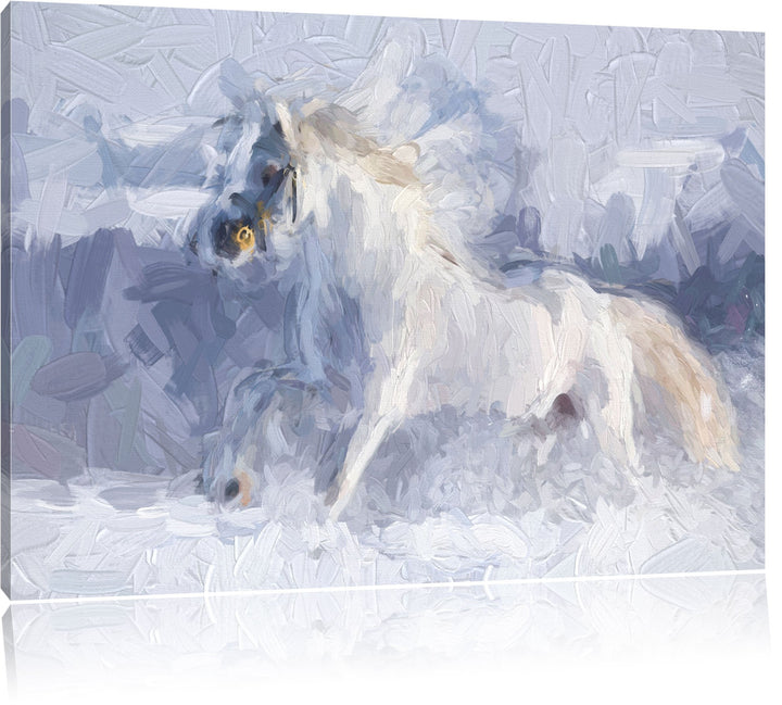 Pixxprint Weisses Pferd auf Schneewiese als Leinwandbild/Grösse: 100x70 cm/Wandbild/Kunstdruck/ferti