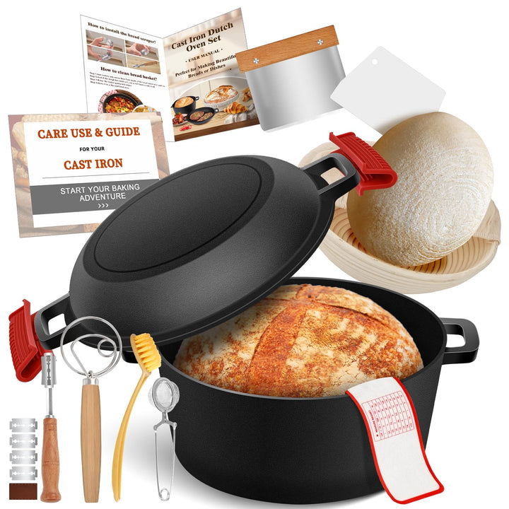 NZQXJXZ Gusseisen Topf Dutch Oven für Brotbacken, 26cm Brotbackform mit Banneton Brot Gärkorb Sauert