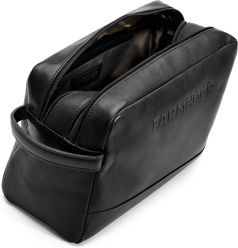 FARMHOOD Memphis Damen/Herren XL Leder Kulturbeutel | mit 2 Hauptfächern | Kosmetiktasche 30 cm Schw