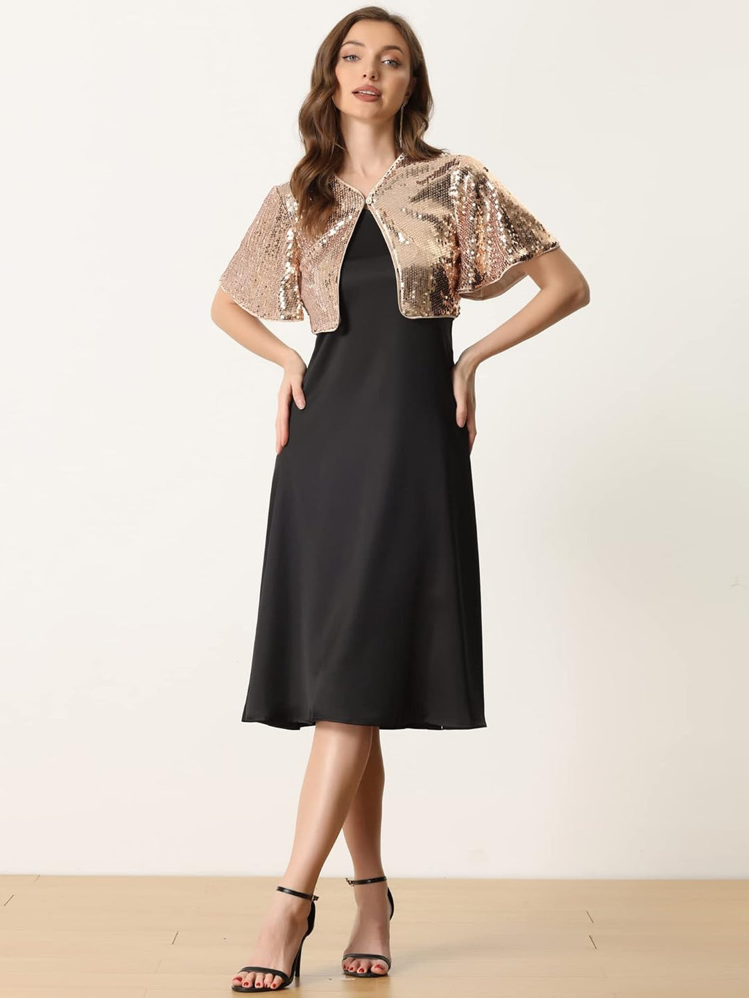 Allegra K Damen Bolero Pailletten Glitzer Shrug Party Crop Jacke S Rosegold, S Rosegold
