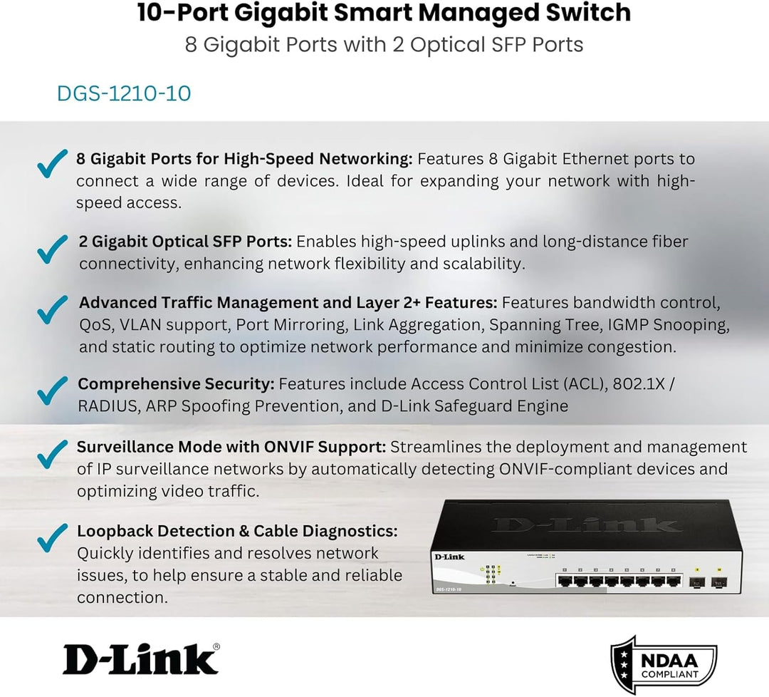 D-Link DGS-1210-10 10-Port Gigabit Smart Switch (8 x 10/100/1000 Mbit/s Base-T-Ports, 2 x 100/1000 M