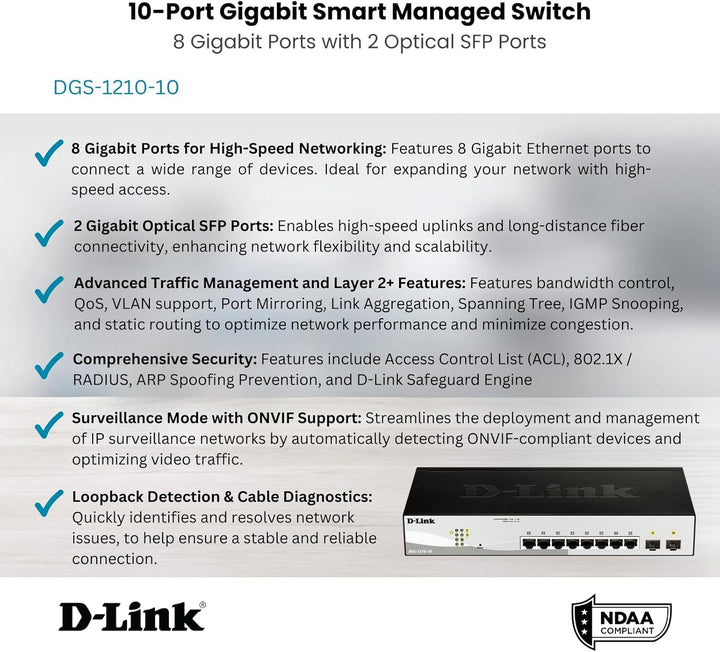 D-Link DGS-1210-10 10-Port Gigabit Smart Switch (8 x 10/100/1000 Mbit/s Base-T-Ports, 2 x 100/1000 M