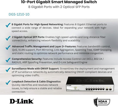 D-Link DGS-1210-10 10-Port Gigabit Smart Switch (8 x 10/100/1000 Mbit/s Base-T-Ports, 2 x 100/1000 M