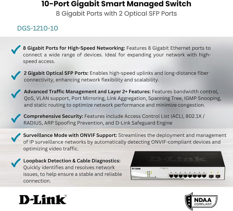D-Link DGS-1210-10 10-Port Gigabit Smart Switch (8 x 10/100/1000 Mbit/s Base-T-Ports, 2 x 100/1000 M