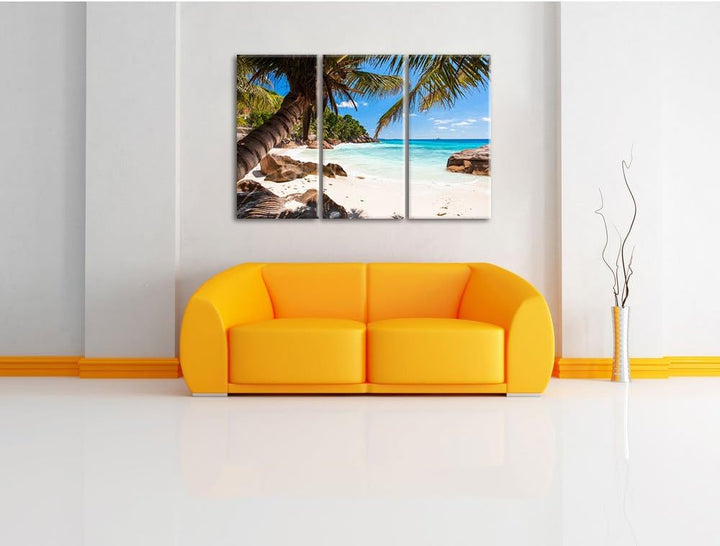 Pixxprint Palmenstrand Seychellen als Leinwandbild | Grösse: 3 Teilig (120x80) | Wandbild| Kunstdruc