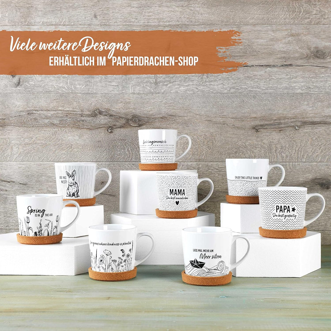 Papierdrachen Hochwertige Tasse aus Keramik mit passendem Kork Untersetzer - Tischdeko - Kaffeetisch