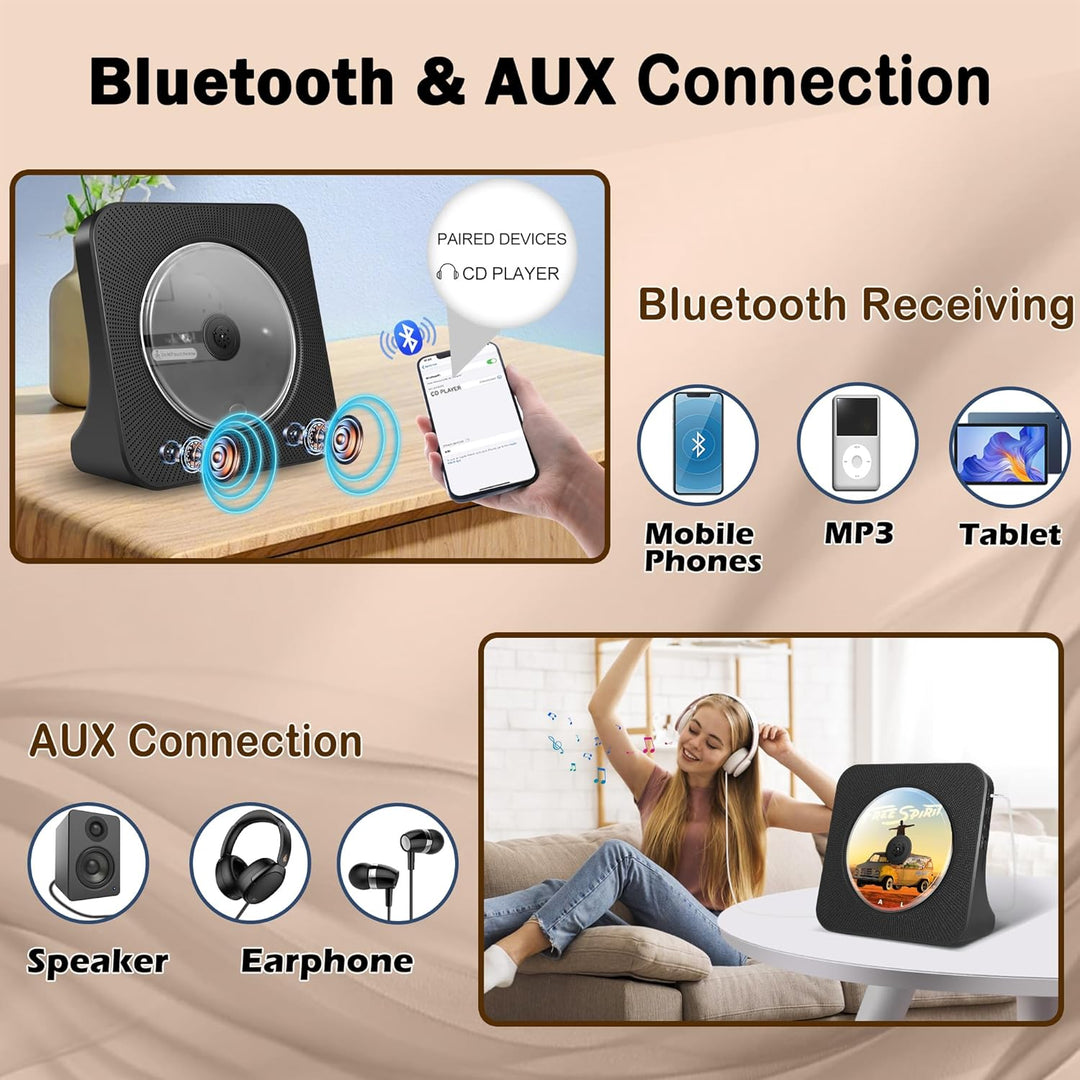 Tragbarer CD-Player Akku 4000mAh, Bluetooth CD-Player für das Auto, Kinder-Musikplayer mit Lautsprec