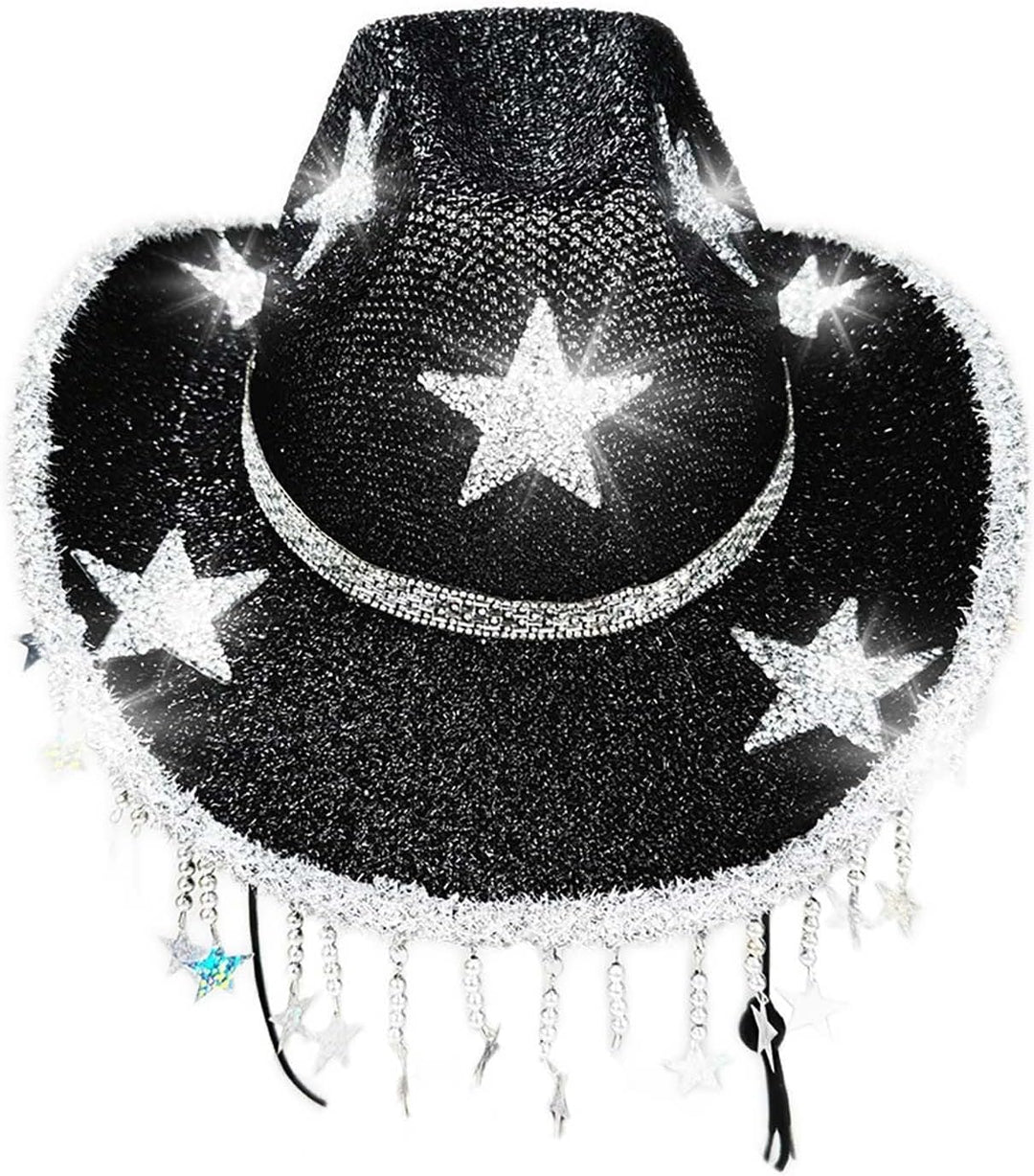 Glitzer Cowboyhut mit Pailletten Sternen & Fransen - Funkelnder Westernhut Disco Partyhut für Damen