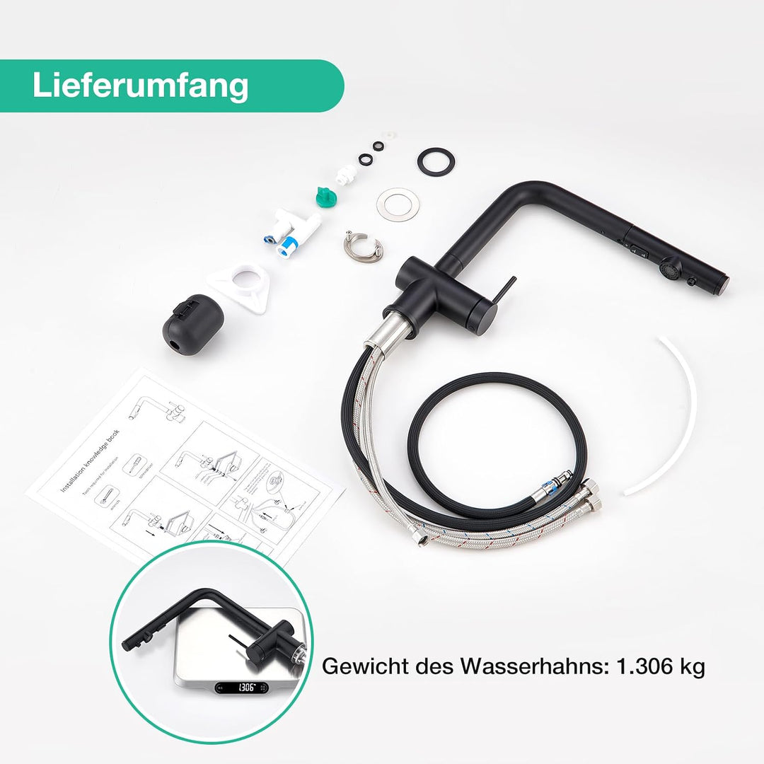 Faustina 3 Wege Küchenarmatur mit Brause ausziehbar, Einhebelmischer Armatur Wasserhahn Spültischarm