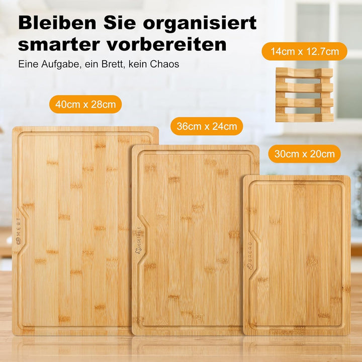 Bambus Schneidebrett Set 3-teilig mit Halter – Grosse Küchenbretter aus Bambus (40x28 / 36x24 / 30x2