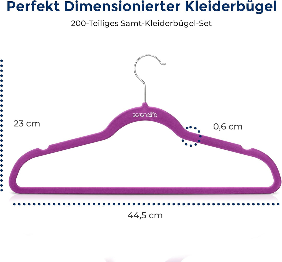 SereneLife Kleiderbügel Samt, 200 Stück- Bügel, Hangers- Rutschfest & Platzsparend, Ultradünn mit 36