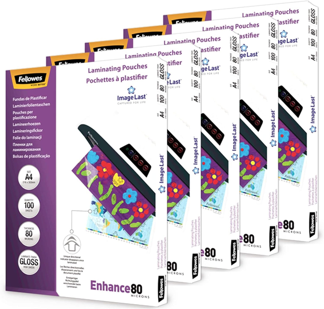 Fellowes Laminierfolien A4, glänzend, Laminierfolie mit 80 mic pro Seite, mit ImageLast Ausrichtungs