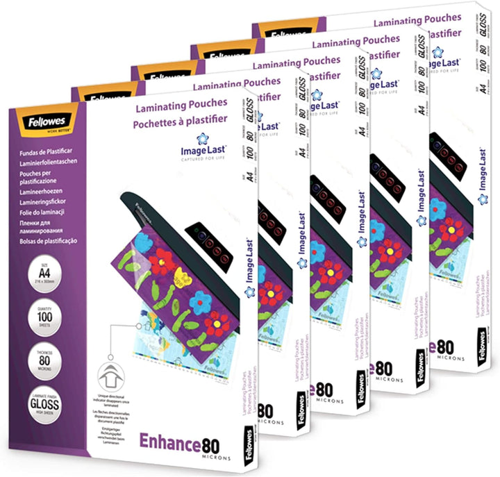 Fellowes Laminierfolien A4, glänzend, Laminierfolie mit 80 mic pro Seite, mit ImageLast Ausrichtungs