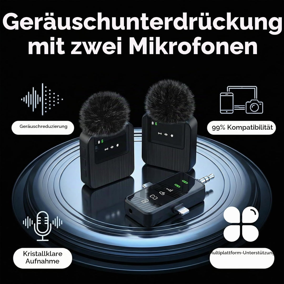 2.4G Kabelloses Lavalier Mikrofon (2TX-1RX) – 18H Akkulaufzeit, 100m Reichweite, DSP-Rauschunterdrüc