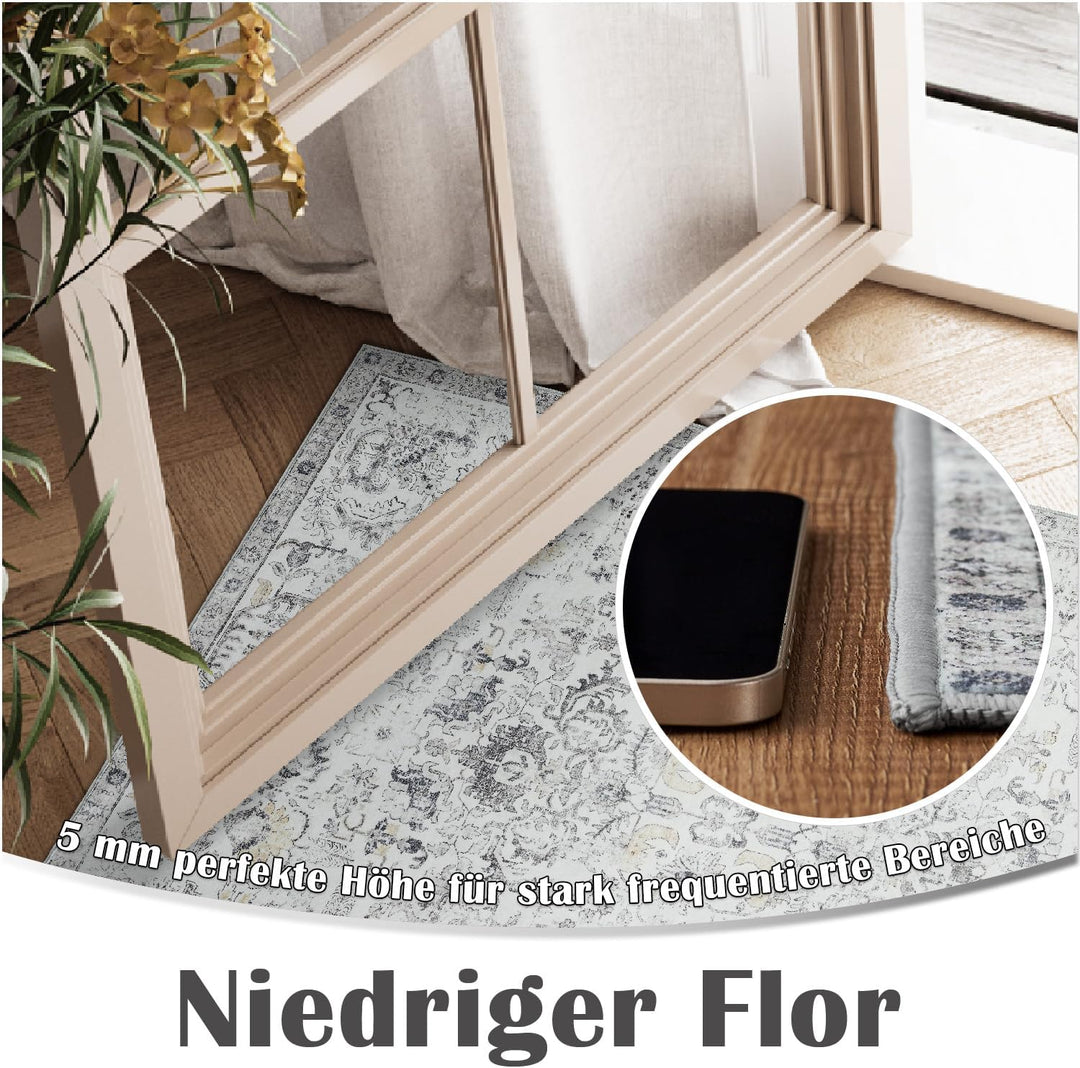 TOPICK Läufer Flur Waschbar Küche Läufer Kurzflor Retro Grau Blume Orientalischer Teppich 60x240cm A