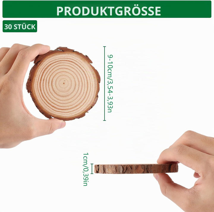 30 Stück Natur Holzscheiben 9-10 cm, Baumscheiben Rund, Baumstamm Deko, Unvollendete Holzscheiben zu