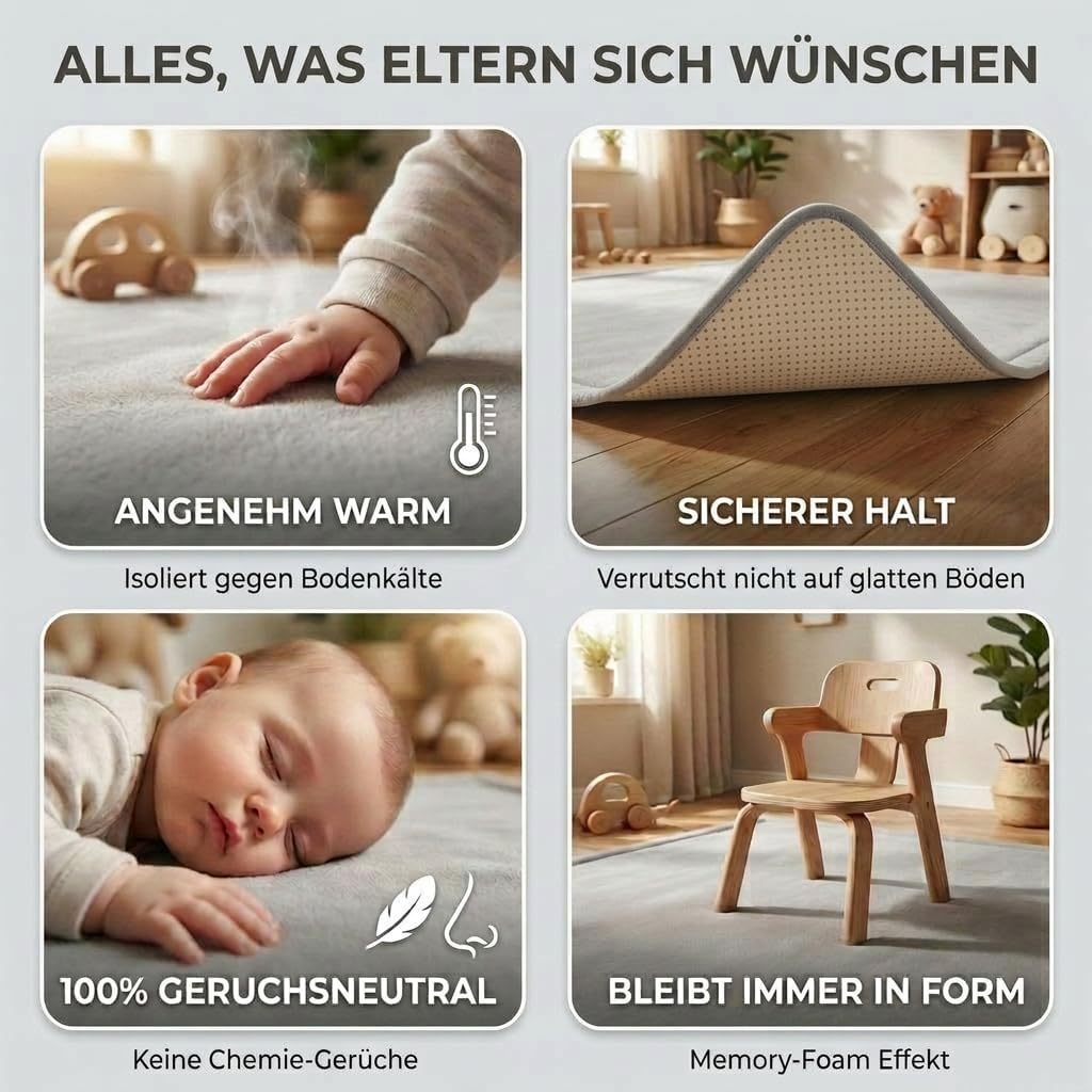 BabybeFun Krabbelmatte Baby - kuschelig weich - 3cm Dicke Spielmatte - schützt vor Stössen - Teppich