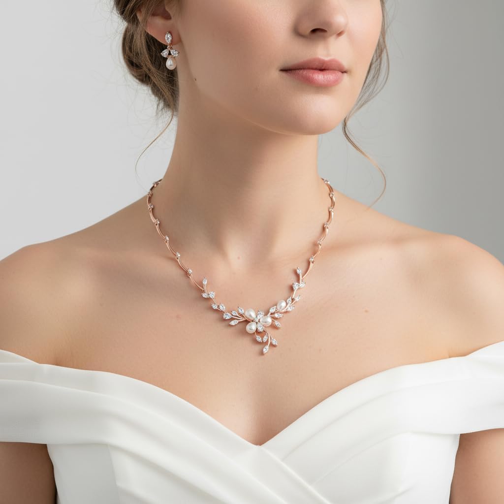 EVER FAITH Zirkon Simulierte Perle Blume Blatt Filigrane Halskette Ohrringe Armband Set Klar Klar Ro