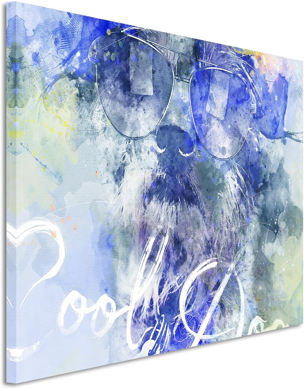 Paul Sinus Art Bild Leinwand 120x80cm Witziger Hund mit Sonnenbrille in Blautönen mit Kalligraphie,