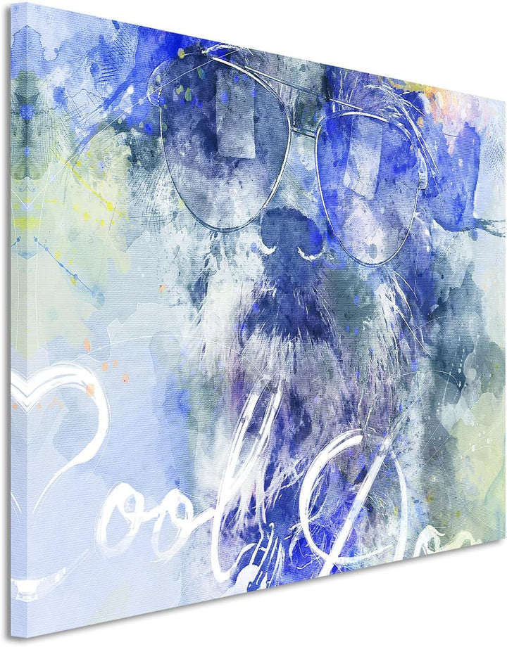 Paul Sinus Art Bild Leinwand 120x80cm Witziger Hund mit Sonnenbrille in Blautönen mit Kalligraphie,