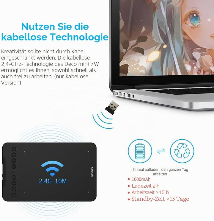 XP-PEN Deco Mini 7W Grafiktablett, 7,03''x4,38'' Pad, 2.4G Wireless Stift Tablett, zum Zeichnen, Des