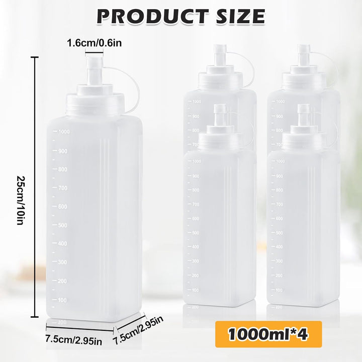 4 Stück Squeeze Flasche, 1000ml Quetschflasche mit Kappen, Squeeze Condiment Flaschen, Leer Plastick