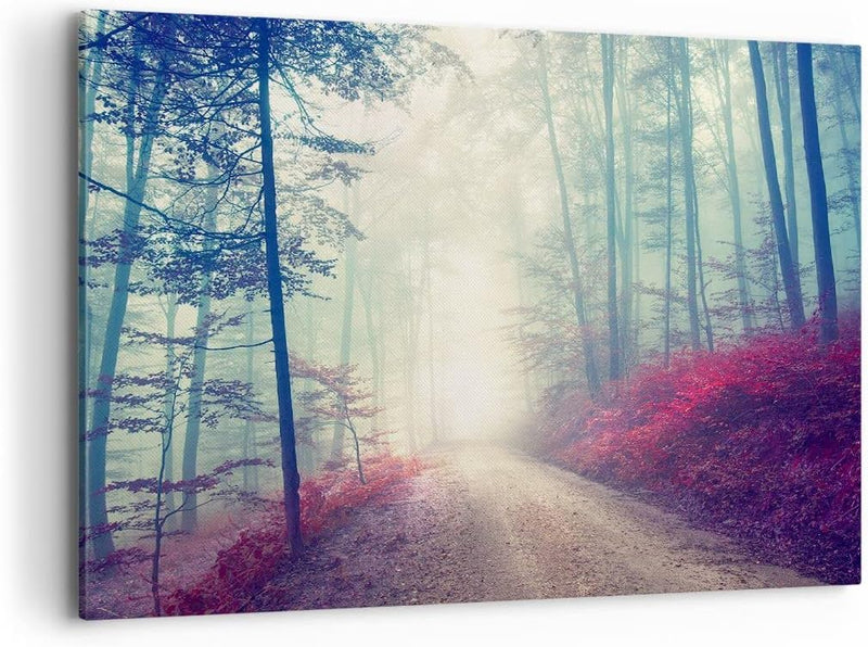 Bilder auf Leinwand 100x70cm Leinwandbild mit Rahmen Wald Baum Natur Gross Wanddeko Bild Schlafzimme